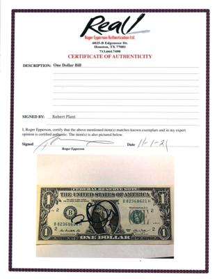 Lot #470 Led Zeppelin: Robert Plant Signed One Dollar Bill - Image 2