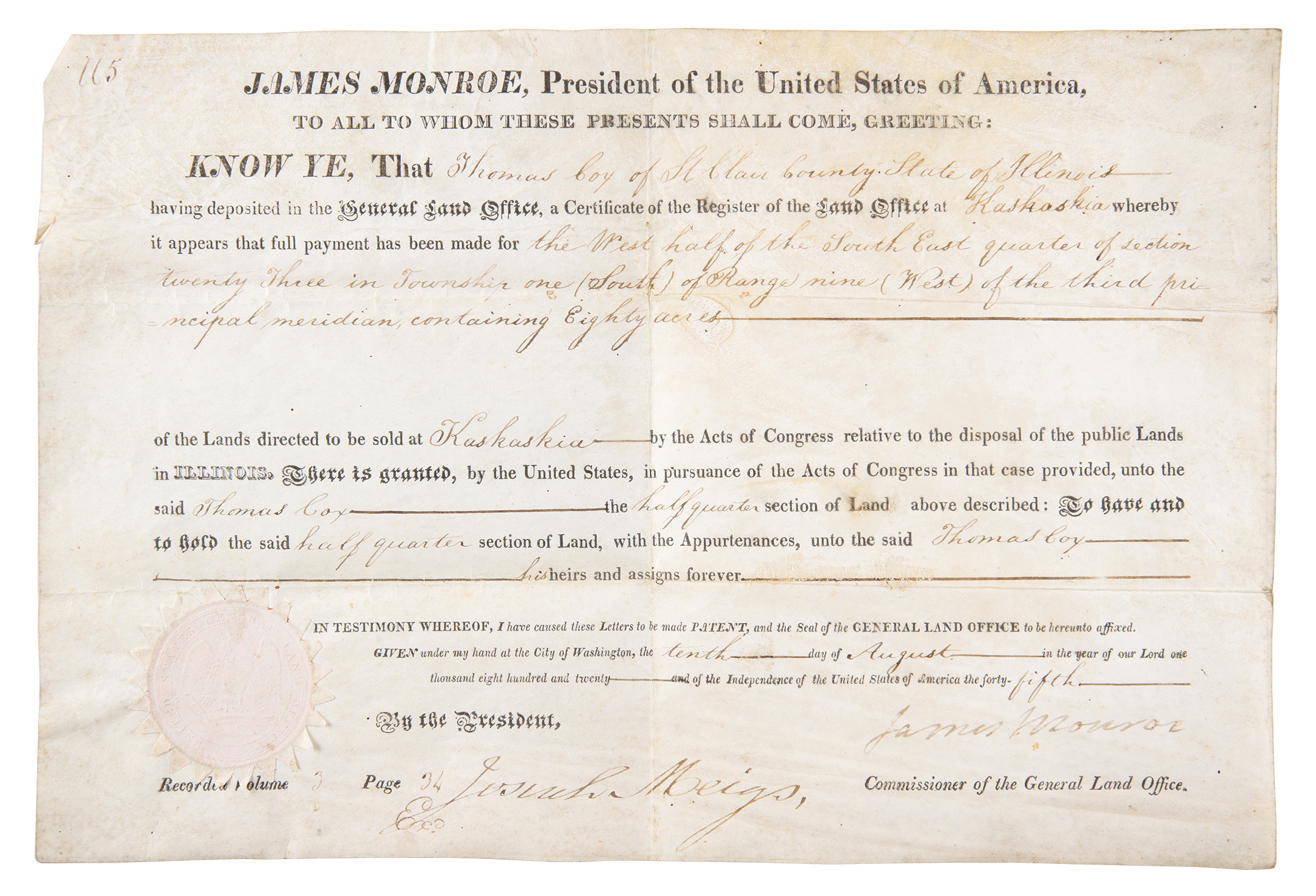 Lot #61 James Monroe Document Signed as President - Image 1