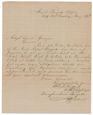 Lot #223 Thomas Francis Meagher Civil War–Dated Autograph Endorsement Signed on 'Irish Brigade' Letter, Replacing a Lieut. Killed in Action - Image 2