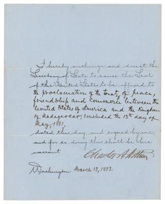 Lot #22 President Chester A. Arthur Proclaims a Peace Treaty with Madagascar - Image 1