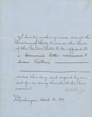 Lot #47 President Rutherford B. Hayes Sends a Ceremonial Letter to Queen Victoria - Image 1