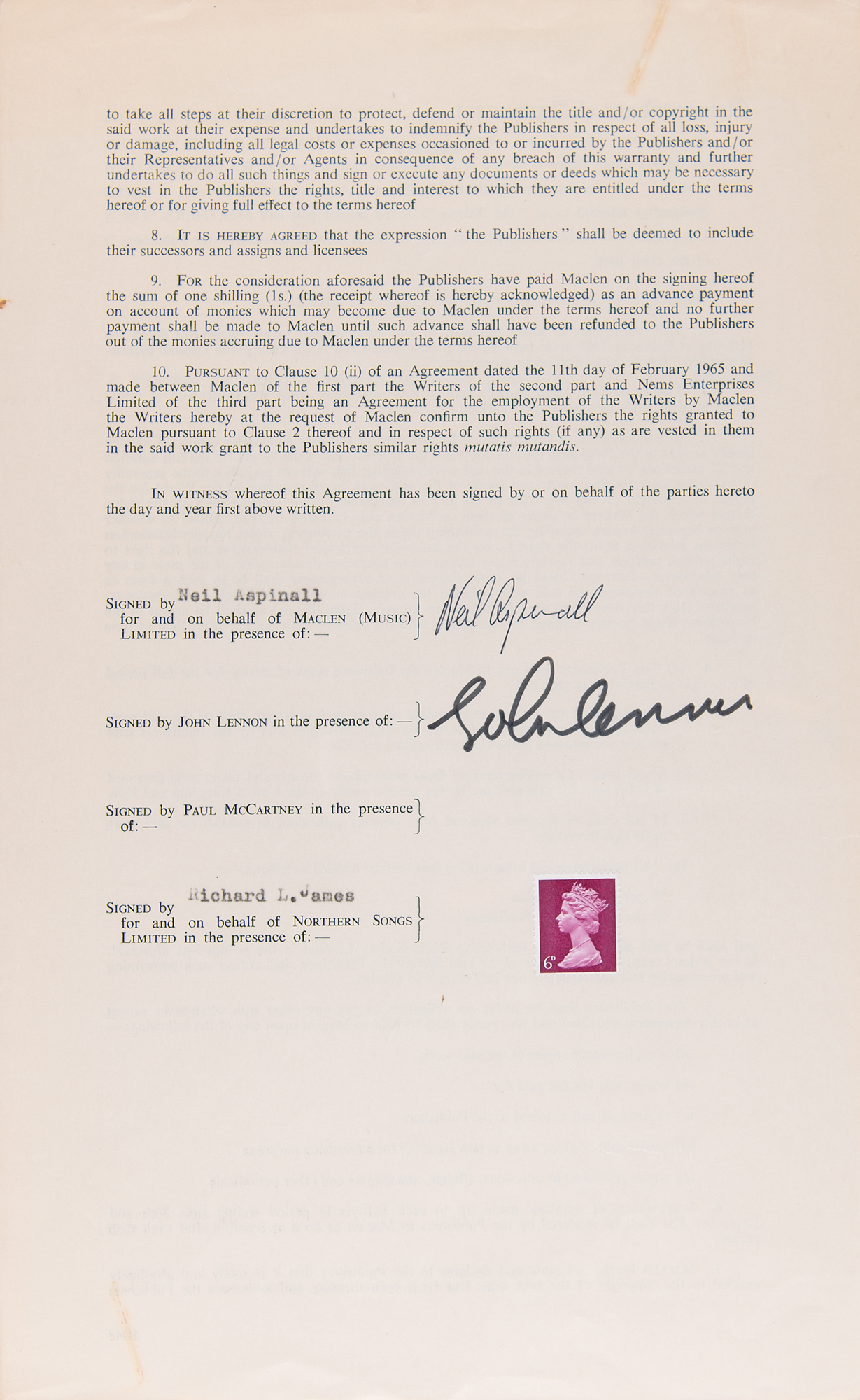 Beatles: John Lennon Document Signed, Assigning Copyright for a