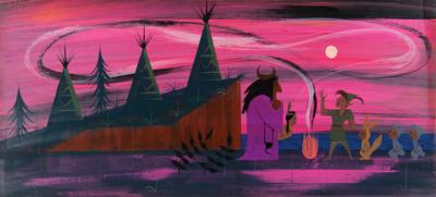 Lot #693 Mary Blair concept painting of Peter Pan, Tiger Lily, the Lost Boys, and Native Chief from Peter Pan - Image 1