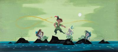Lot #694 Mary Blair concept painting of Peter Pan, Tinker Bell, and Mermaids from Peter Pan - Image 1