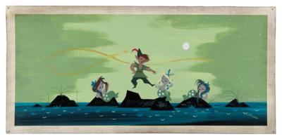 Lot #694 Mary Blair concept painting of Peter Pan, Tinker Bell, and Mermaids from Peter Pan - Image 2