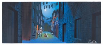 Lot #623 Eyvind Earle concept painting of Lady, Tramp, Tony, and Joe from Lady and the Tramp - Image 1