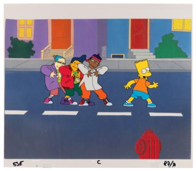 Lot #726 Bart Simpson and Dancers production cel from the 'Do the Bartman' music video - Image 1