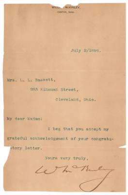 Lot #60 William McKinley Typed Letter Signed, Sending Thanks for Congratulations on His Nomination - Image 1
