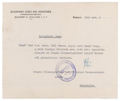 Lot #99 Raoul Wallenberg Document Signed (1944) - Schutz-Pass Related - Image 3