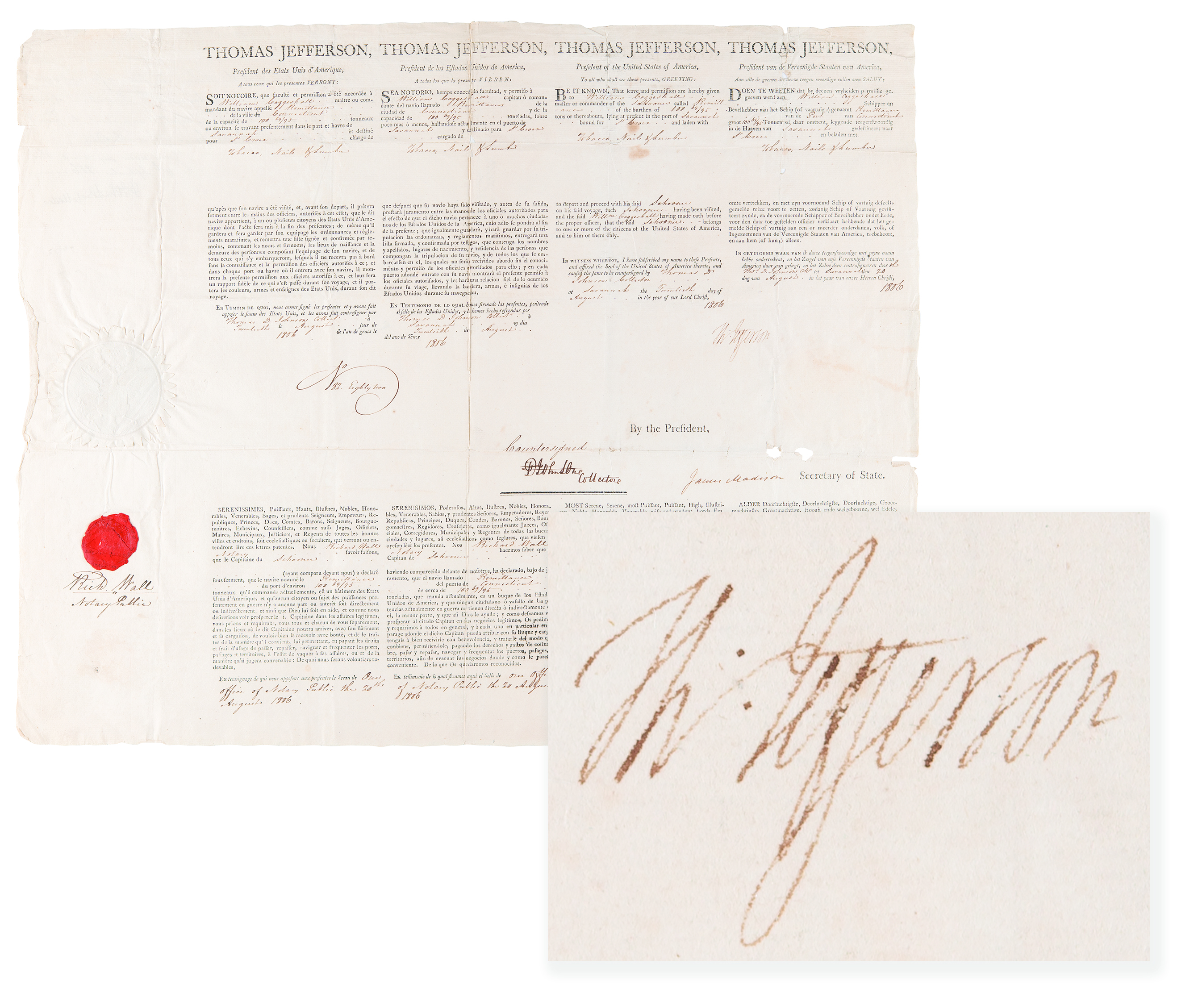 Lot #3 Thomas Jefferson and James Madison Signed Four-Language Ship's Passport - Image 1