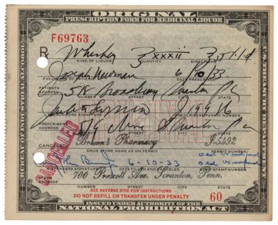 Lot #180 Prohibition: 1933 Liquor Prescription for