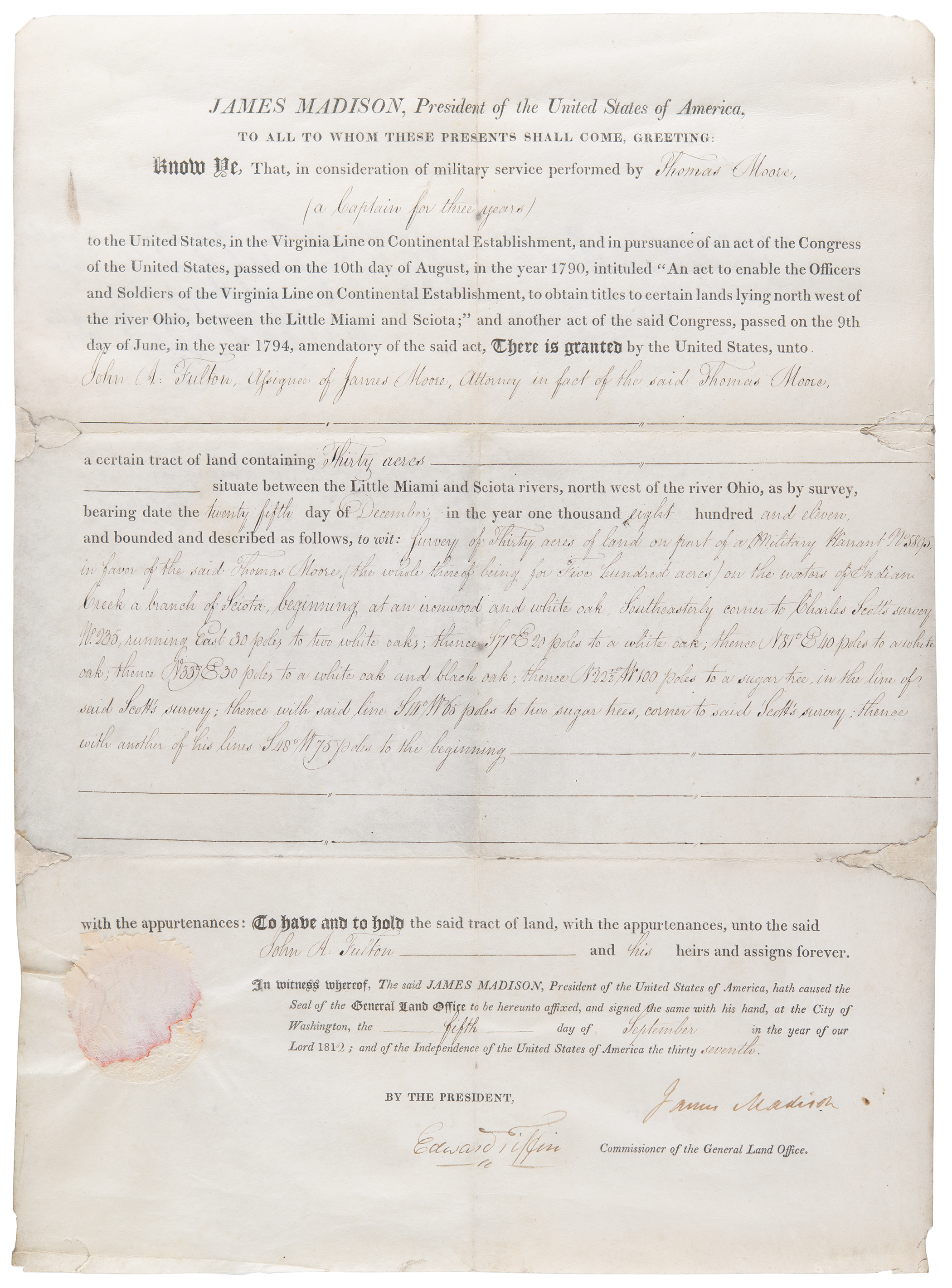 Lot #94 James Madison Document Signed as President - Land Grant for Continental Army Service - Image 1