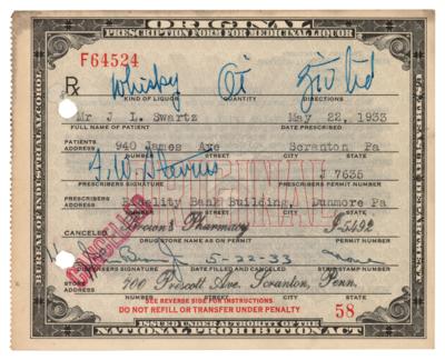 Lot #290 Prohibition: 1933 Liquor Prescription for Whiskey - Image 1