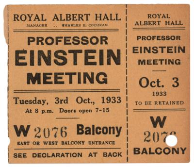 Lot #224 Albert Einstein: 1933 Royal Albert Hall Ticket Stub - Image 1