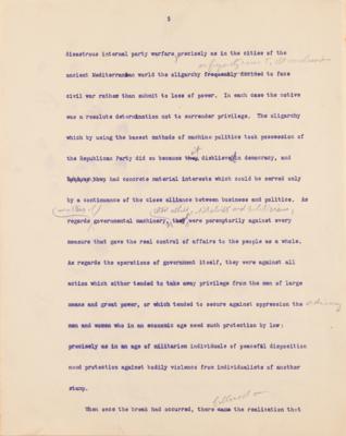 Lot #32 Theodore Roosevelt Signed and Hand-Edited Manuscript: "The Progressive Party; A movement to relate Democratic Government to the economic and social needs of a Democracy" - Image 6