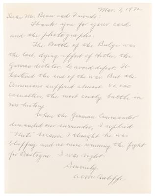 Lot #338 Anthony C. McAuliffe Autograph Letter Signed: "I replied 'Nuts' because I thought he was bluffing...I was right" - Image 1