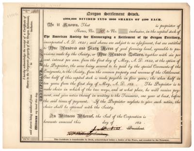 Lot #282 Oregon Territory: Early Stock Certificate