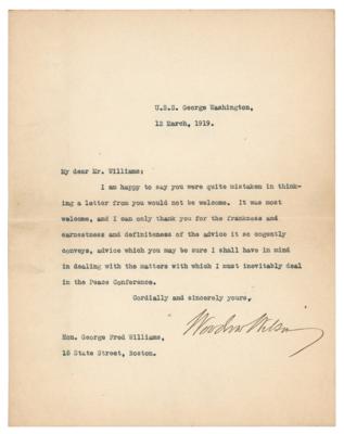 Lot #134 Woodrow Wilson Typed Letter Signed as President, from the U.S.S. George Washington En Route to the Paris Peace Conference - Image 1