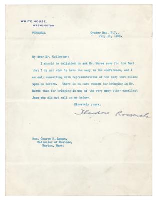 Lot #113 Theodore Roosevelt Typed Letter Signed as President: "There is no more reason for bringing in Mr. Morse than for bringing in any of the very many other excellent Jews who did not call on me before" - Image 1