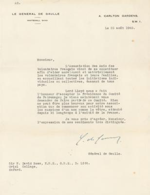 Lot #215 Charles de Gaulle Typed Letter Signed - An Invitation to Join the "Association of Friends of French Volunteers" - Image 1