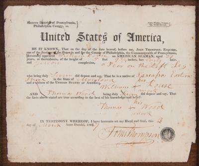 Lot #300 Seaman's Protection Certificate for an African-American Sailor - Image 2