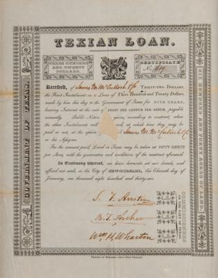 Lot #192 Stephen F. Austin Document Signed - Ornate 1836 Texian Loan Certificate Supporting the Revolution - Image 2