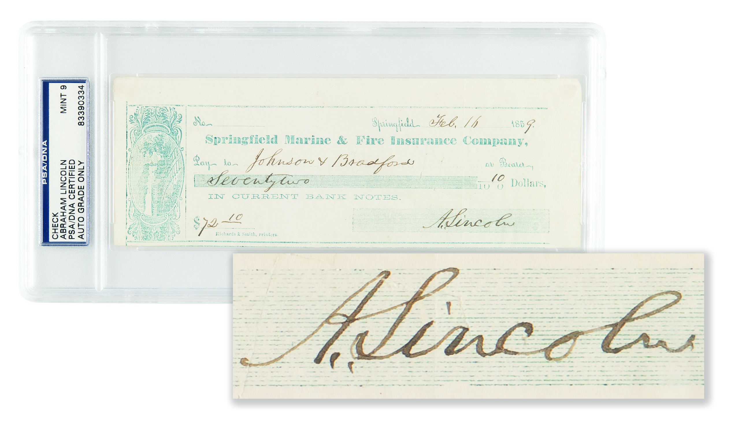 Lot #18 Abraham Lincoln Signed Check - PSA MINT 9 - to a Springfield book publisher, who he approached about publishing his historic debates with Stephen Douglas - Image 1