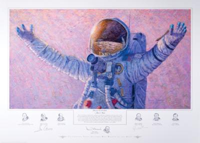 Lot #531 Moonwalkers: Alan Bean, Gene Cernan, and Edgar Mitchell Signed Limited Edition Print - 'Hello Universe' - Image 1