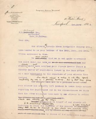 Lot #307 RMS Titanic: White Star Line Draft Letter - Titanic Operator Refuses to "repay the expenses of the journey" - Image 1