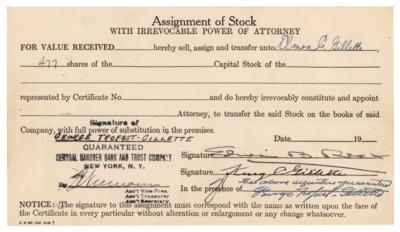 Lot #167 King Gillette Signed 'Assignment of Stock' Document - Image 1