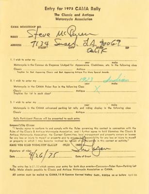 Lot #761 Steve McQueen Twice-Signed Document - 1975 CAMA Rally Entry Form for His '1923 Indian' Motorcycle - Image 1