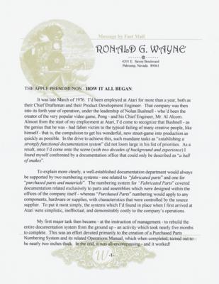 Lot #3087 Ron Wayne Limited Edition Typed Manuscript - 'The Apple Phenomenon — How It All Began' - Image 1