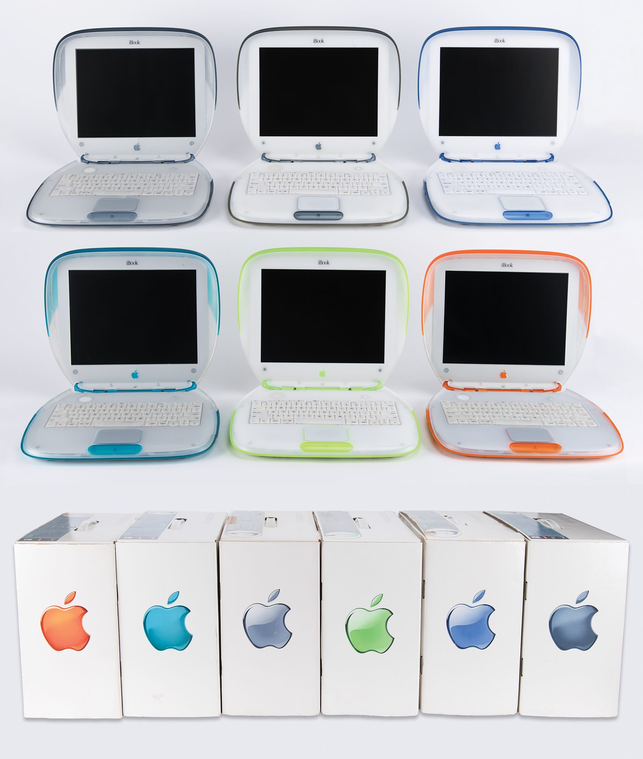 Lot #3042 Apple iBook G3 Laptops (6) in All Colors (with Boxes): Blueberry, Tangerine, Graphite, Indigo, and Key Lime - Image 1