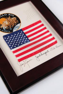 Lot #4216 Apollo 13 Crew-Signed Presentation with Flag, Beta Patch, and Netting [Attested as Flown by Bill Whipkey] - Image 1