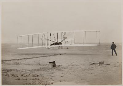 Lot #4422 Orville Wright Signed Photograph of Man's First Flight - Presented to His Longtime Personal Secretary, Mabel Beck - Image 1