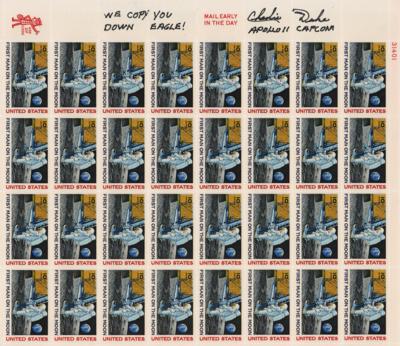 Lot #4285 Charlie Duke Signed 'First Man on the Moon' Stamp Sheet - Image 1