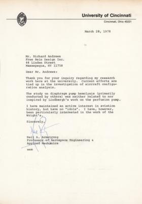 Lot #4115 Neil Armstrong Typed Letter Signed - Mentioning Charles Lindbergh and the Wright Brothers - Image 1