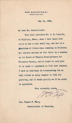 Lot #184 William H. Taft Typed Letter Signed as