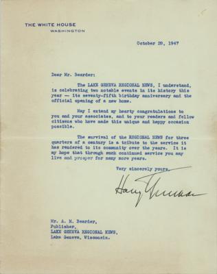 Lot #187 Harry Truman Typed Letter Signed as President - Image 1