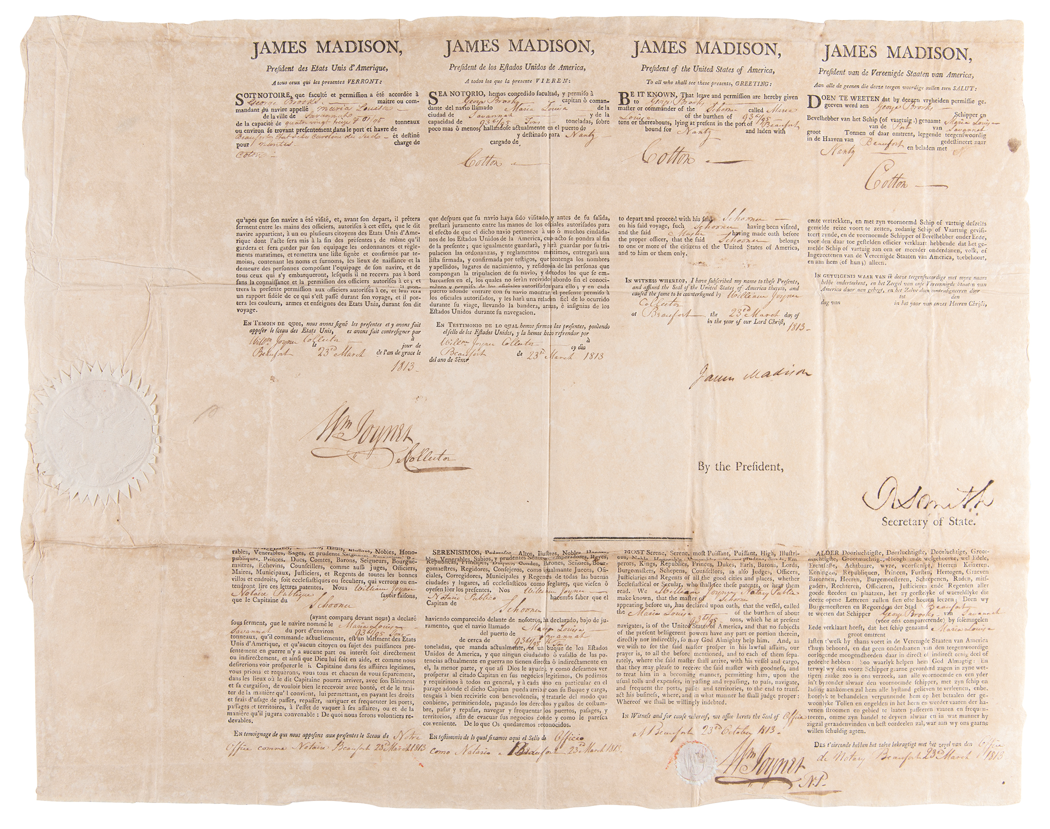 Lot #143 James Madison Document Signed as