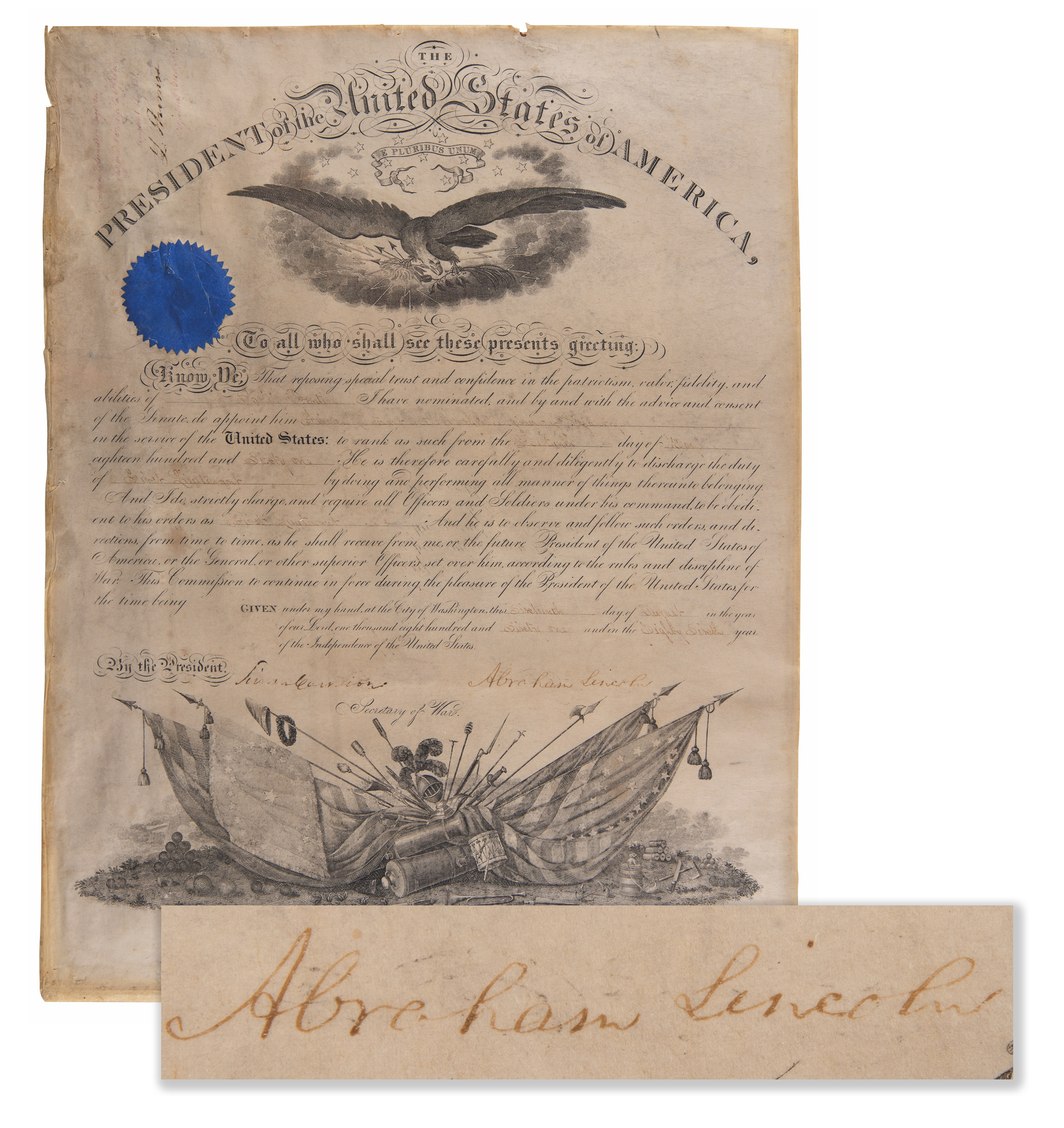 Lot #16 Abraham Lincoln Military Appointment Signed as President (1861) - Image 1
