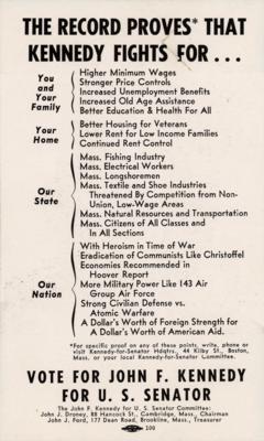 Lot #133 John F. Kennedy 1952 Senate Campaign Card - Image 2