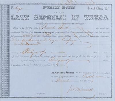 Lot #450 Republic of Texas Public Debt Certificate