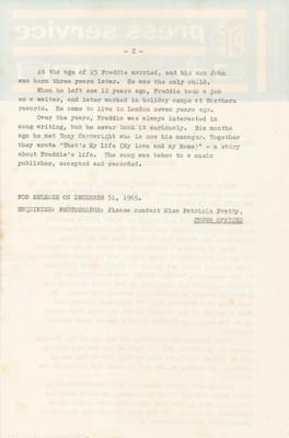 Lot #673 Freddie Lennon 1965 Pye Records Press Release - Image 2