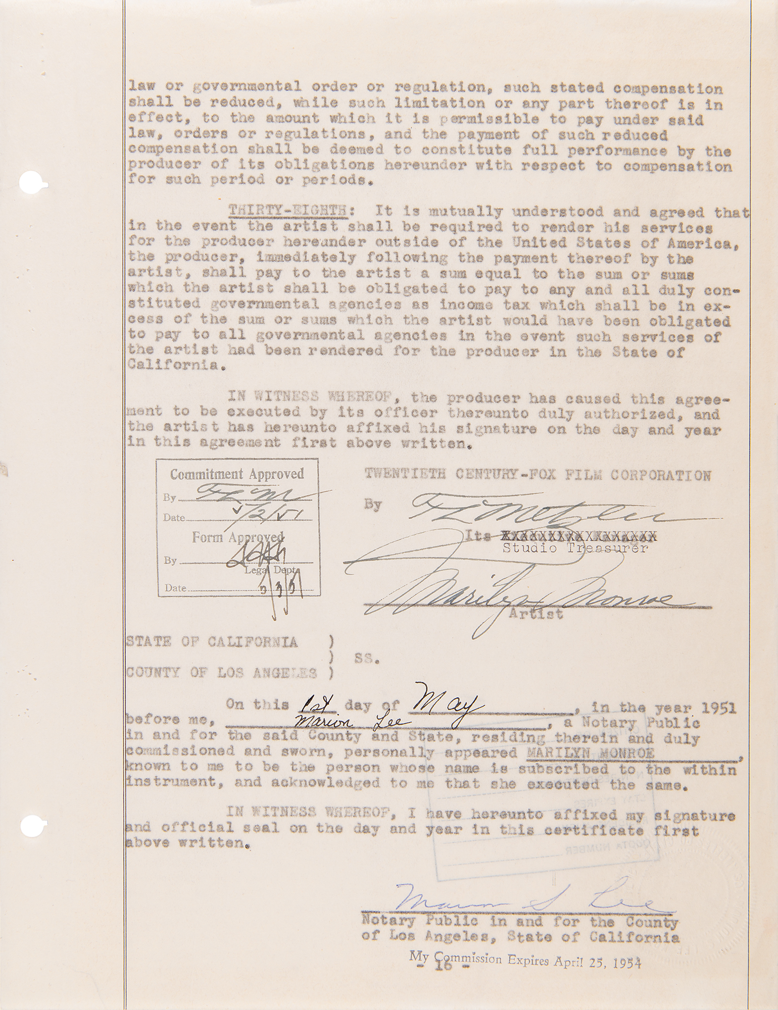 Marilyn Monroe Signed 1951 Contract Page with Twentieth Century-Fox