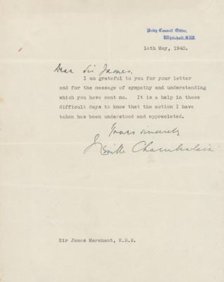 Lot #226 Neville Chamberlain World War II–Dated Typed Letter Signed on "Difficult Days" - Image 1