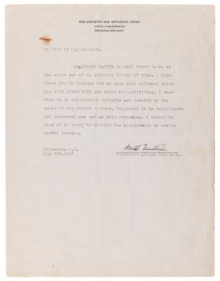 Lot #256 Albert Einstein Typed Letter Signed Recommending a German Emigrant, One Day Before Nazi Surrender in WWII - Image 1