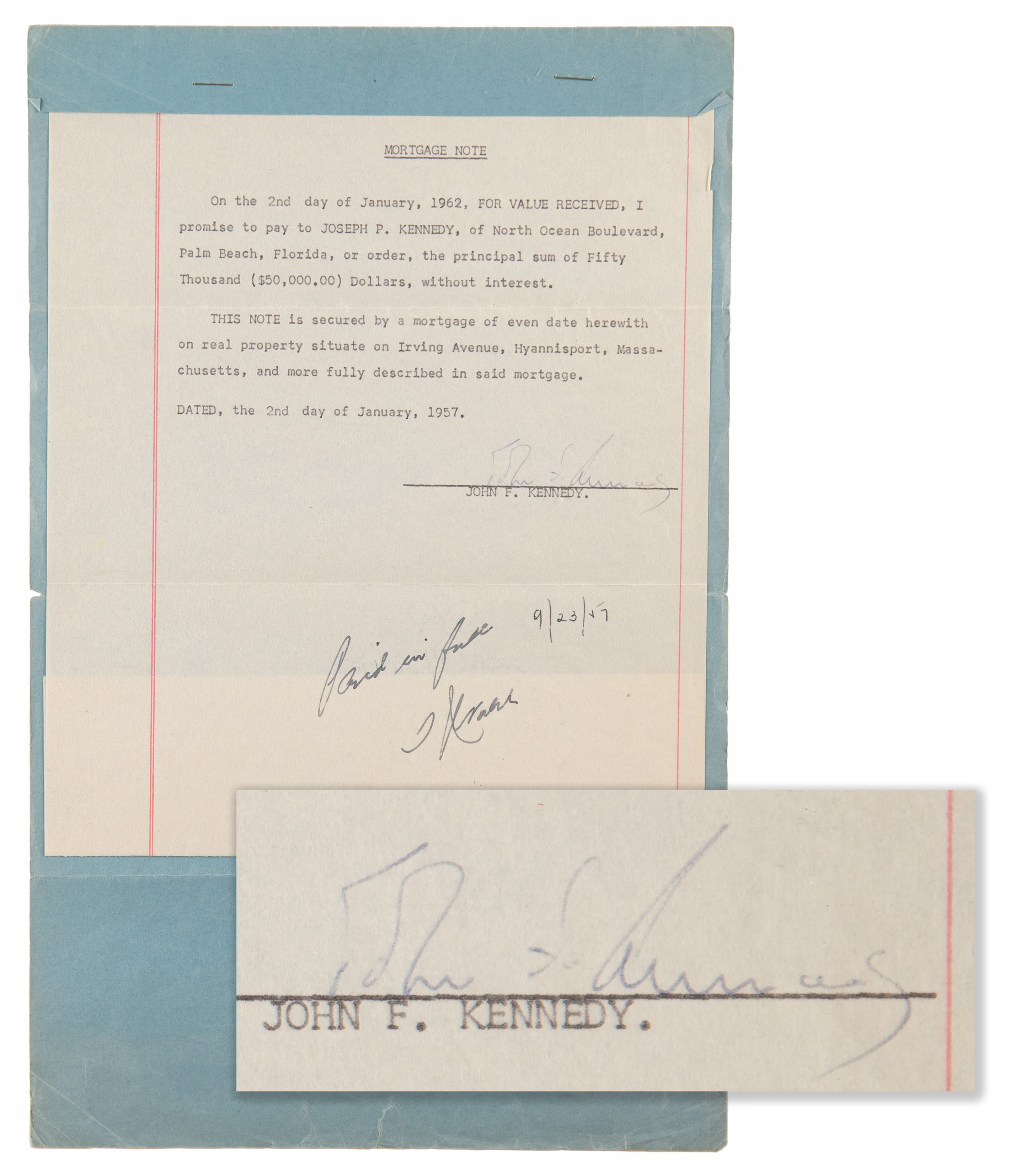 Lot #39 John F. Kennedy 1957 Hyannisport Signed Mortgage Note to Father Joe Sr. - Image 1