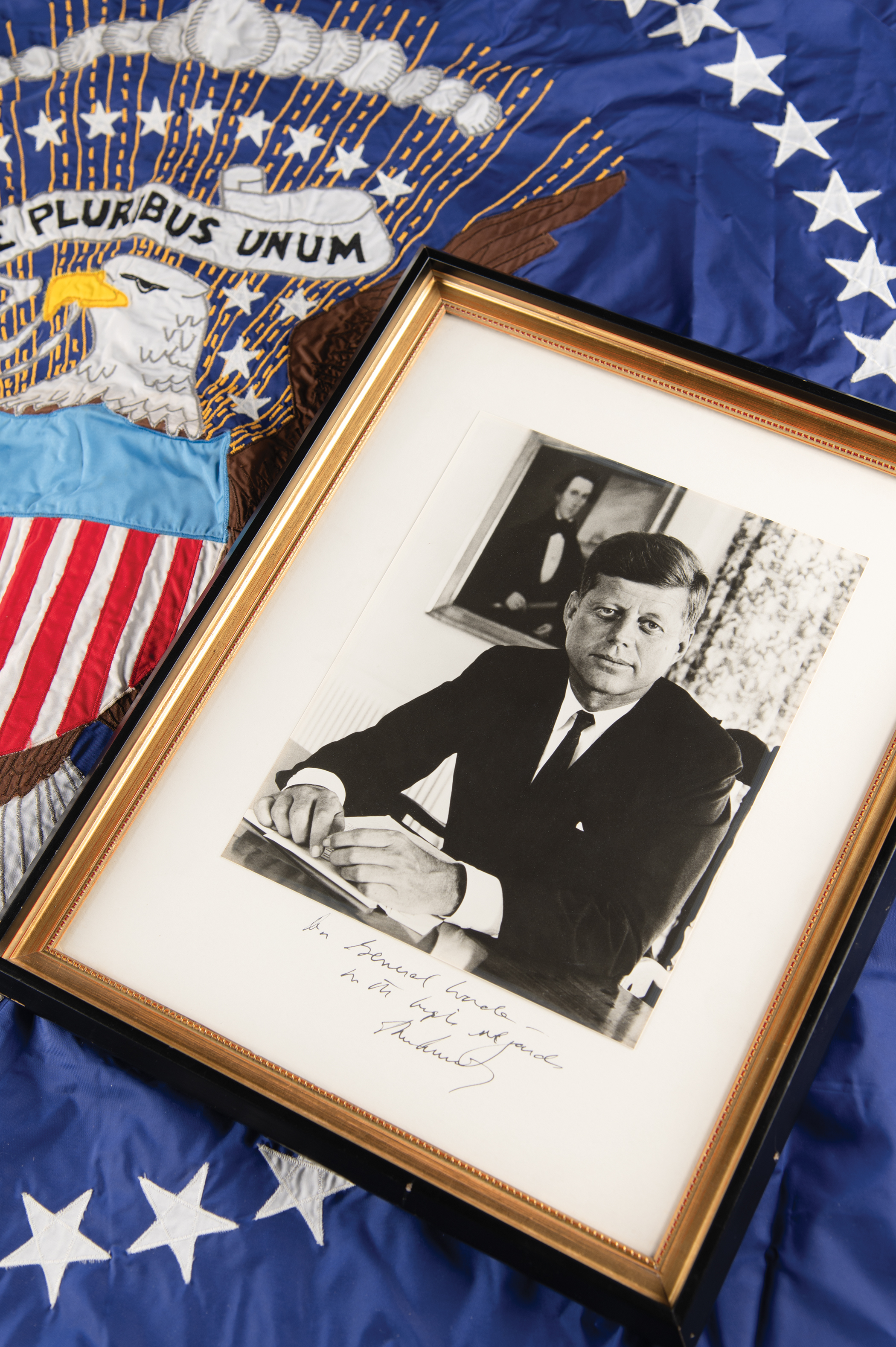 Lot #48 President John F. Kennedy Signed Photograph and Presidential Seal Flag Presented to the Commander of the Marine Corps Recruit Depot - Image 1