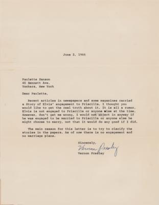 Lot #5132 Vernon Presley Typed Letter Signed: "Elvis is not engaged to Priscilla or anyone else" - Image 1